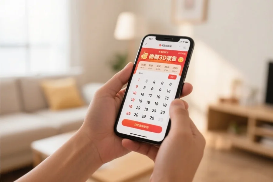 一个人在家中使用手机APP查询福彩3D开奖结果,画面显示清晰的开奖号码,环境温馨明亮